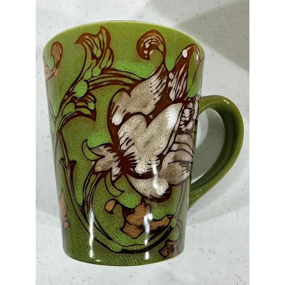 Floral Coffee Mugs Set of 2 Ceramic Earth Tones‎ MCM Gold Green